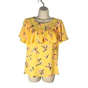 Ann Taylor Factory Top Womens Medium Yellow Floral Print Ruffle Flounce Blouse
